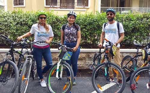 Bikes where cars would normally be parked on Beirut campus for Bike To Work Day