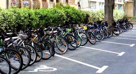 Bikes where cars would normally be parked on Beirut campus for Bike To Work Day